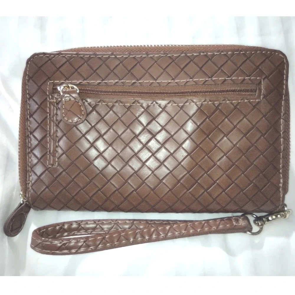 Mundi Woven Checkbook Wallet Brown Faux Leather RFID Protected Wristlet‎